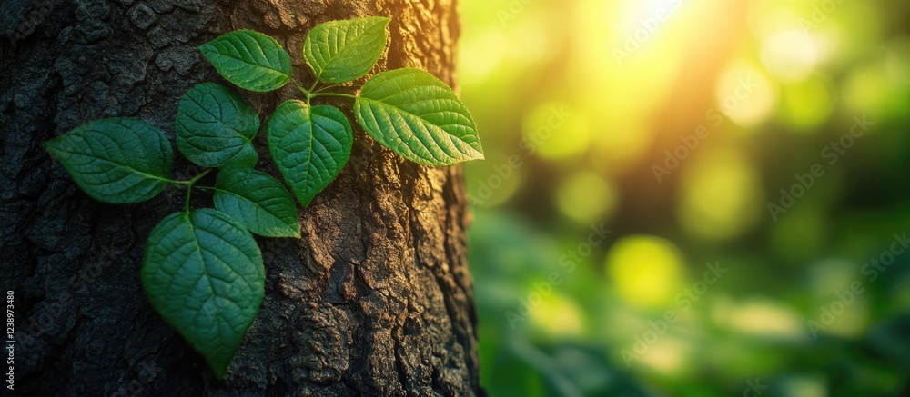 Poster Green leaves on a tree trunk with sunlight filtering through the background creating a natural bokeh effect Copy Space
