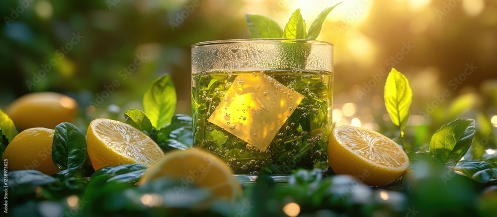 Poster Lemonade drink with ice cube in a glass surrounded by fresh lemon slices and green leaves with sunlight in the background Copy Space