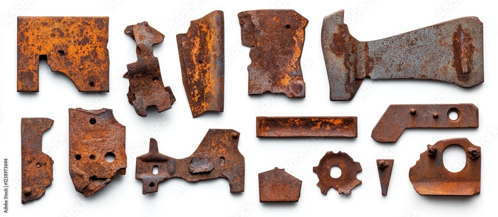 Poster Rusty metal fragments and scrap pieces arranged on white background for industrial and texture use with Copy Space