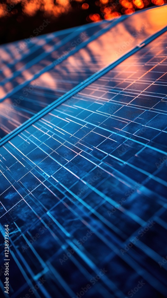 Poster solar panel array with sunset reflection creating a modern and abstract energy concept