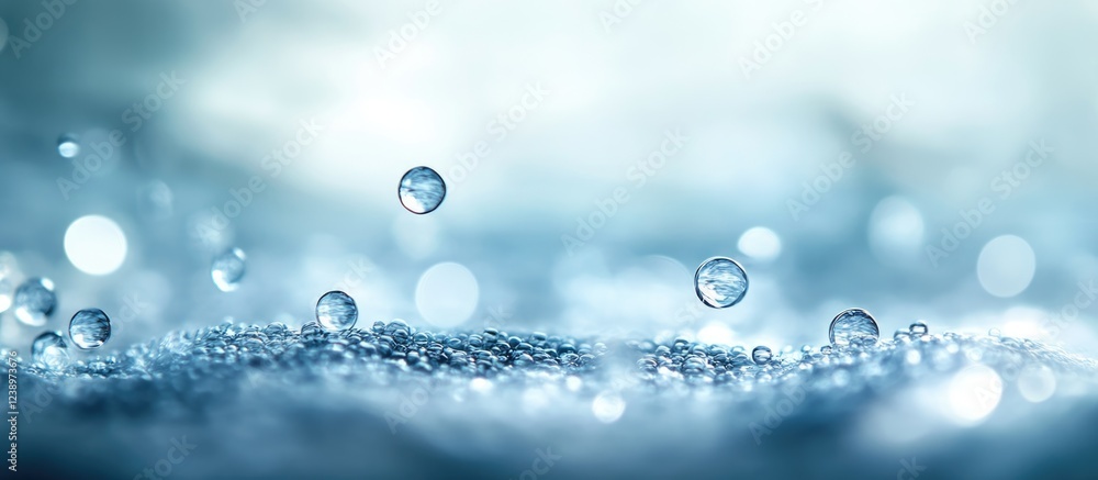 Poster Water droplets on a blurred blue background with bokeh effect and soft light reflections, suitable for abstract designs and copy space