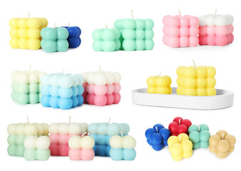 Different trendy bubble candles on white background, set