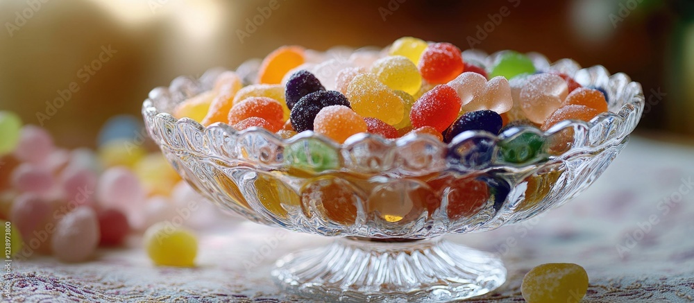 Poster colorful jelly beans in a crystal bowl on a table with scattered candies in soft focus background co