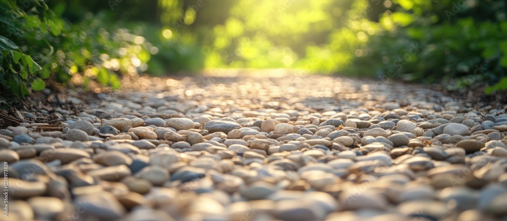 Poster Pebble path in a lush green environment with sunlight filtering through trees creating a warm atmosphere Copy Space