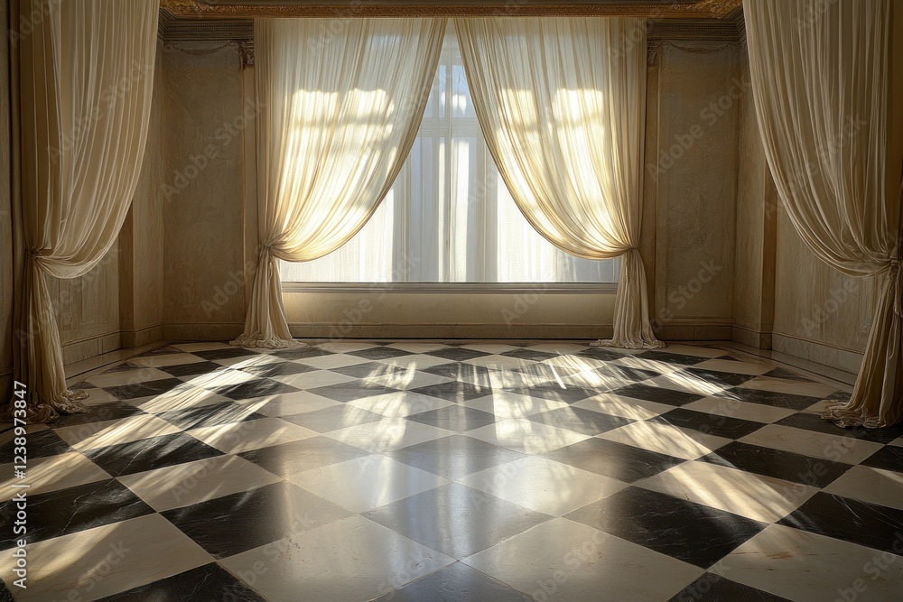 Poster sunlight pours through the large window, casting shadows on the checkered floor and illuminating the