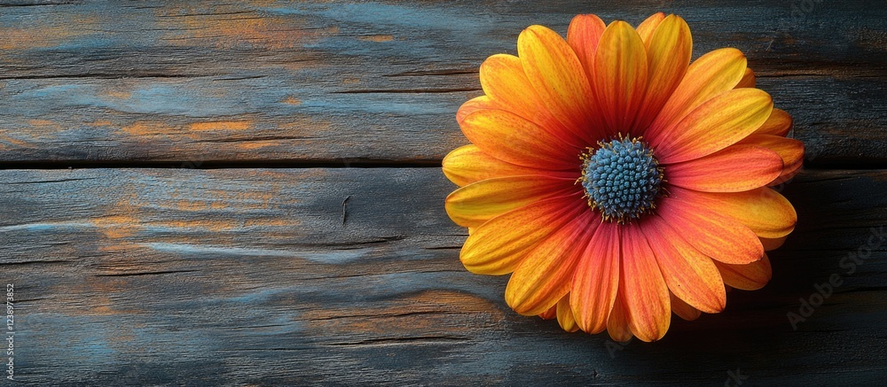 Poster vibrant orange and yellow flower on rustic wooden background with ample copy space for text placemen