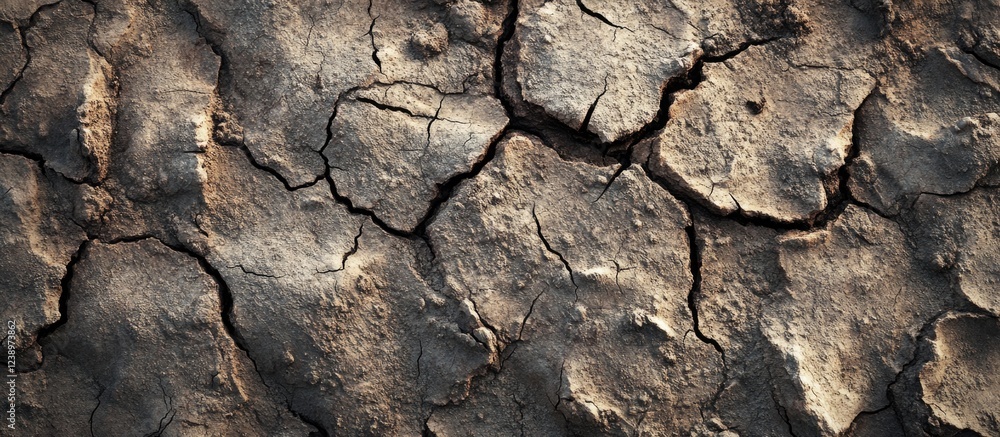 Poster Dry cracked earth surface texture background with natural patterns and shadows suitable for various design purposes