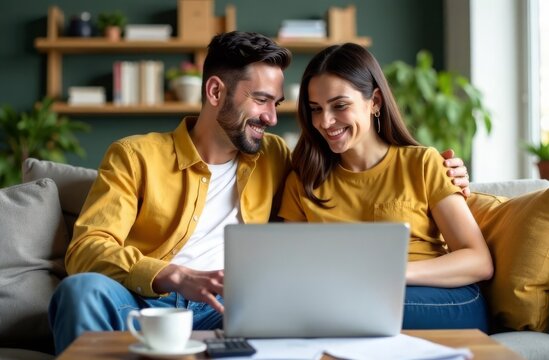 A married couple is sitting on the couch at home, smiling, holding documents in their hands, a bast shoe. Registration of an ipatheca, favorable conditions - Powered by Adobe