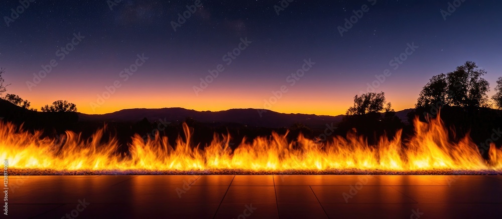 Poster vibrant sunset over mountain landscape with a dramatic flame effect in foreground creating warm atmo