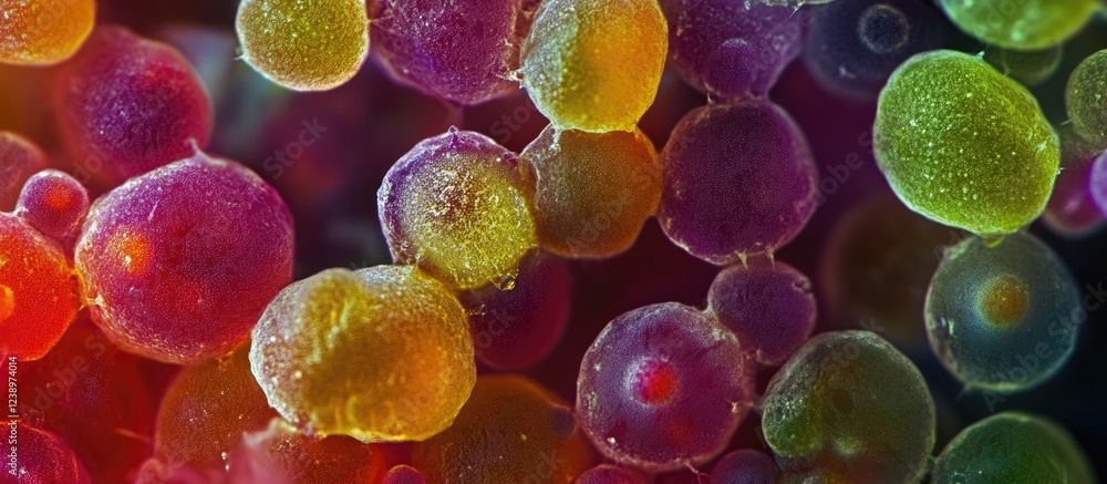 Poster Colorful microscopic view of spherical cells with a focus on texture and detail suitable for scientific and educational purposes Copy Space