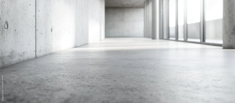 Poster Minimalistic empty interior space with concrete walls and large windows allowing natural light to fill the area Copy Space