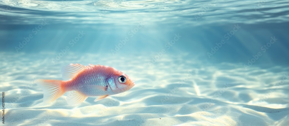 Aufkleber Underwater scene featuring a single goldfish swimming in clear blue water with soft sunlight filtering through, creating light patterns on the sandy bottom. Copy Space