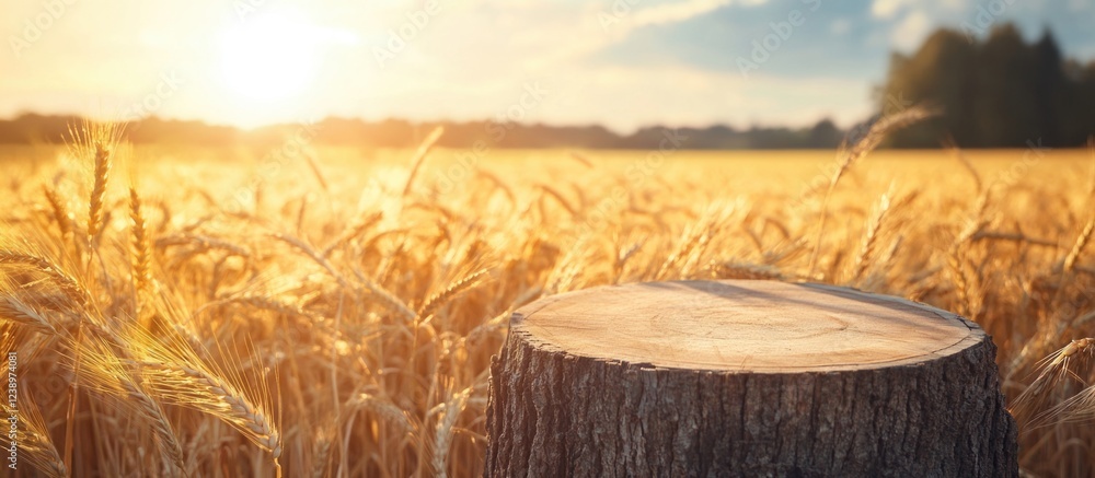 Poster sunset over wheat field with tree stump in foreground showcasing natural landscape and golden hues c