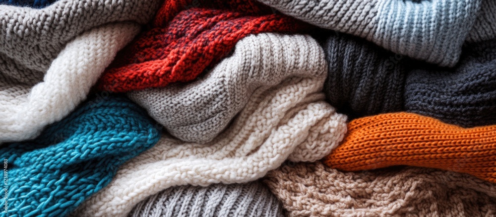 Aufkleber Colorful knitted sweaters and cardigans arranged in a stack showcasing various textures and patterns with warm tones and copy space