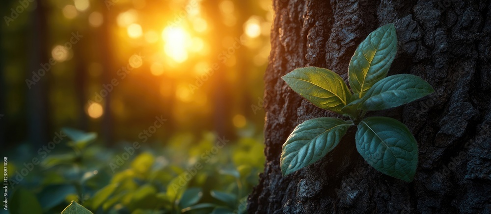 Aufkleber close-up of green leaves on a tree bark with warm sunlight filtering through forest trees copy space