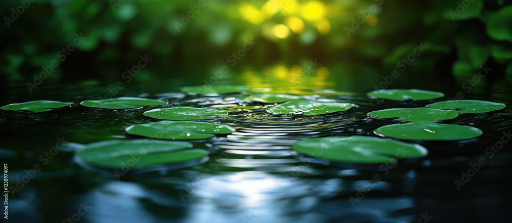 Aufkleber Lily pads on tranquil water surface with gentle ripples and soft sunlight in background Copy Space