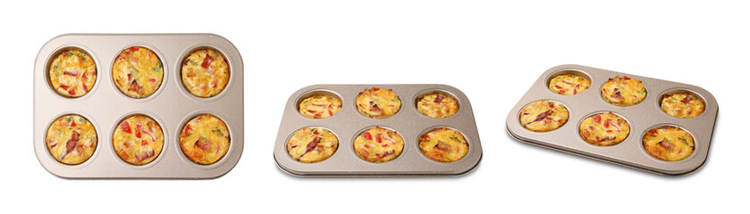 Baked bacon and egg muffins with cheese in cupcake tray isolated on white, set