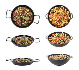 Delicious ratatouille in baking dishes isolated on white, set