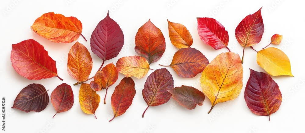 Poster Variety of Autumn Leaves in Different Shapes and Colors on White Background with Copy Space for Text