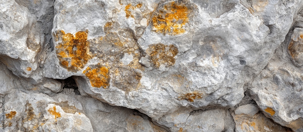 Poster Textured grey rock surface with orange lichen patterns natural background with copy space for text or design purposes