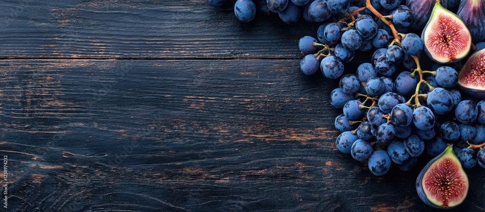 Poster fresh grapes and figs on dark wooden surface with copy space for text or design