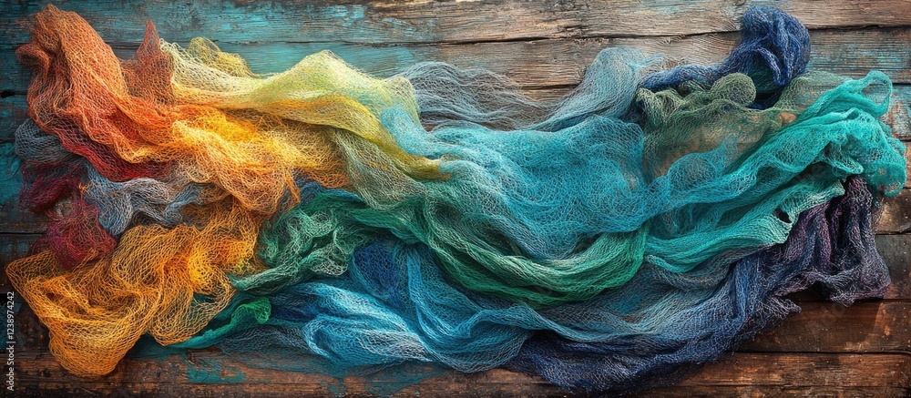 Poster Colorful flowing fabrics on textured wooden background with copy space for text or design elements