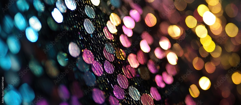 Aufkleber Colorful sequins with bokeh effect on dark background showcasing vibrant hues and textures suitable for creative design uses Copy Space