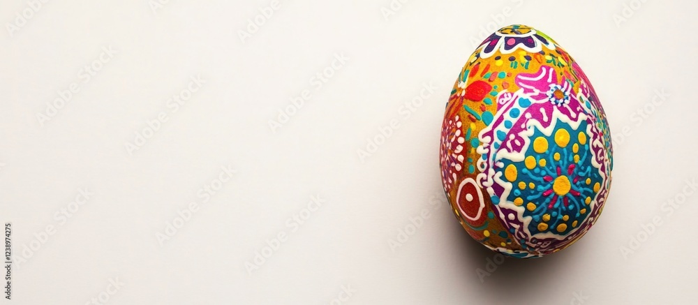 Poster colorful decorated easter egg on plain background with ample copy space for text.