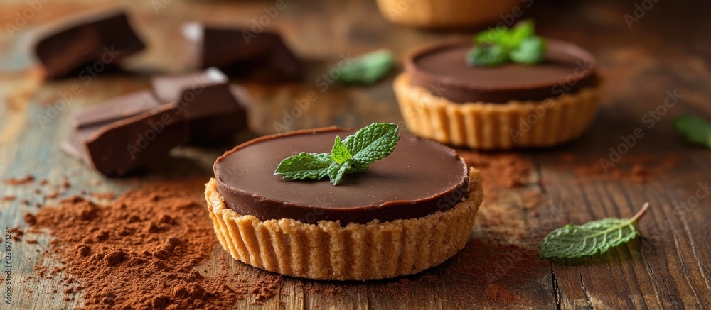 Poster chocolate tartlets on a wooden table garnished with mint leaves and cocoa powder with chocolate piec