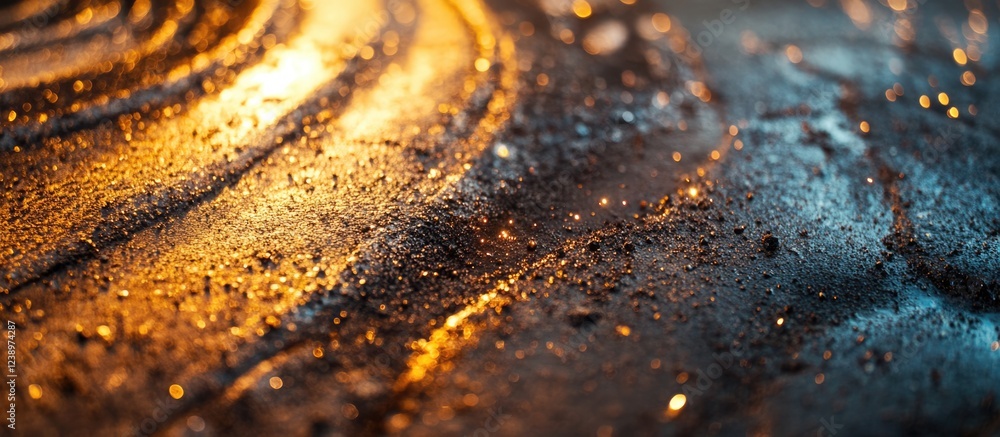 Poster abstract close-up of textured surface with shimmering orange and blue tones, illuminated with highli