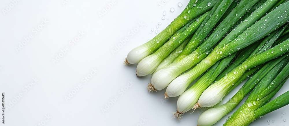 Aufkleber Fresh green onions with water droplets on a light background with ample copy space for text.