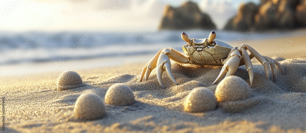 Poster crab on sandy beach with pebbles and ocean in background during sunset light copy space