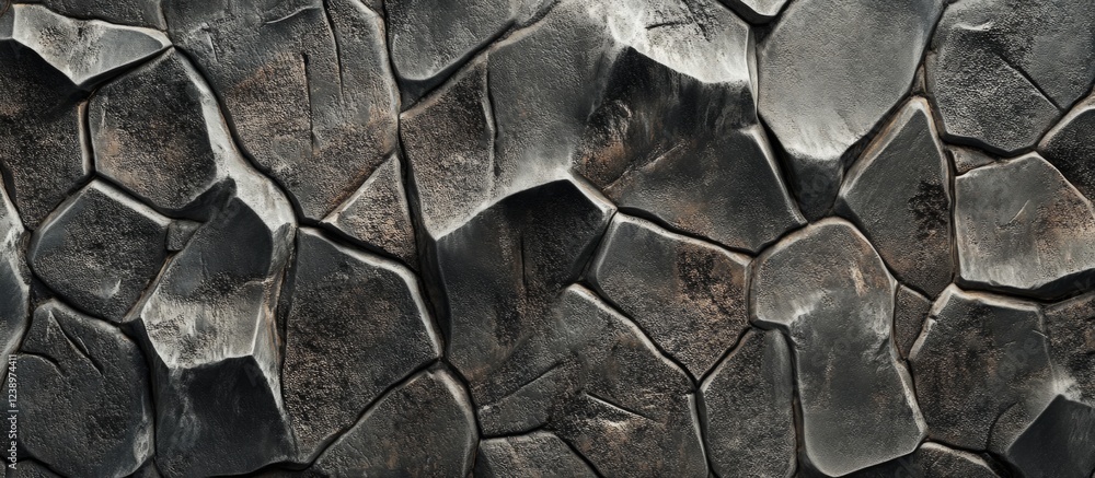 Poster Dark textured stone wall background with irregular shapes and surfaces suitable for design projects and presentations.