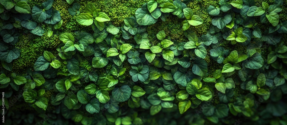 Poster dense green leafy background with varied textures and shades of green suitable for nature themes cop