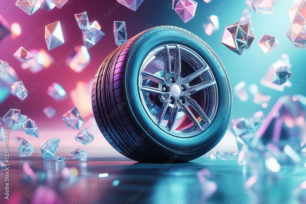 Poster abstract image of a single car tire surrounded by floating holographic geometric shapes.