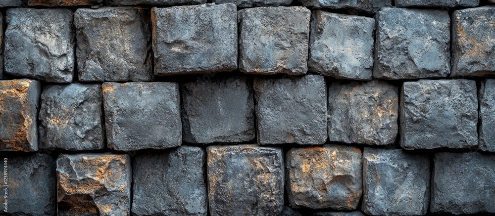 Aufkleber Close-up view of rough textured stone wall with irregular dark stones arranged in a pattern suitable for background use Copy Space