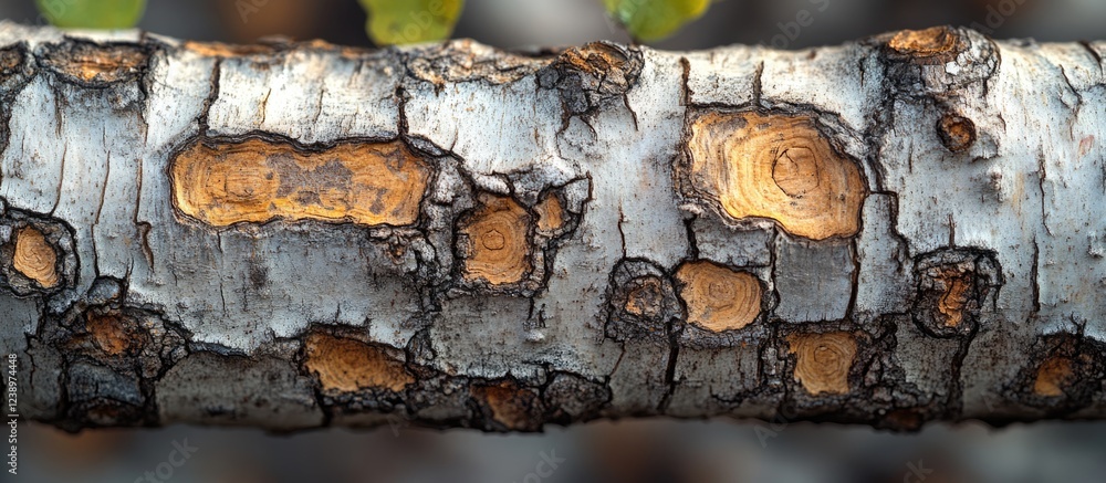 Aufkleber Close-up of textured tree bark showing a mix of gray and orange patterns with visible cracks and irregularities Copy Space