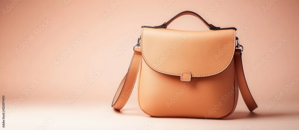 Poster tan leather handbag with a structured design on a soft beige background showcasing the handbag's det