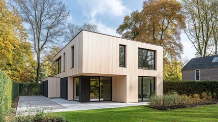 A modern medium-sized house with minimalist architecture, featuring a clean fade, large windows, and natural landscaping. The home reflects simplicity and elegance.