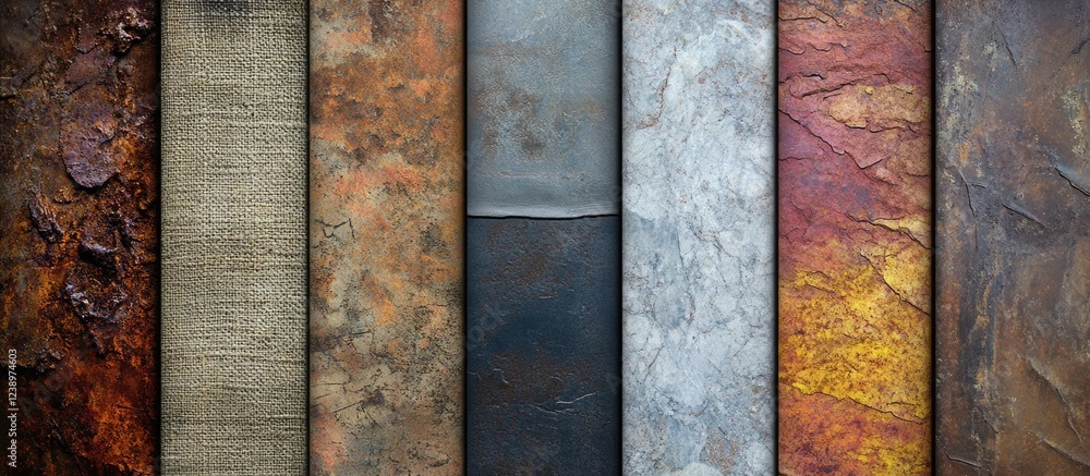 Poster various textured surfaces of materials including rust, stone, metal, and fabric arranged in a row wi
