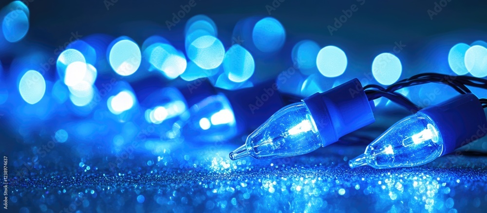 Poster blue decorative lighting bulbs with bokeh effect on a blurred background copy space