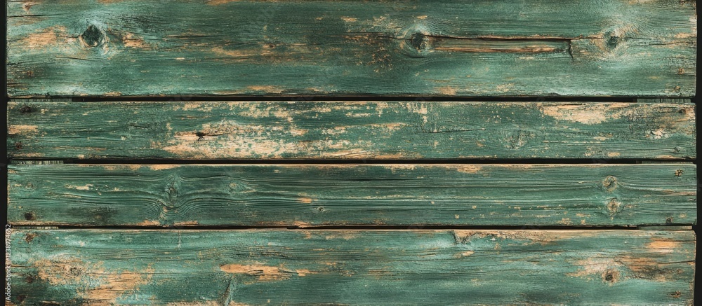 Poster weathered wooden planks with turquoise paint and visible grain texture suitable for backgrounds and 