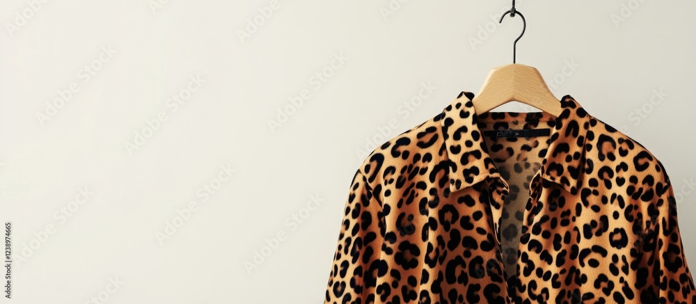 Poster leopard print jacket on wooden hanger against a plain white background with copy space