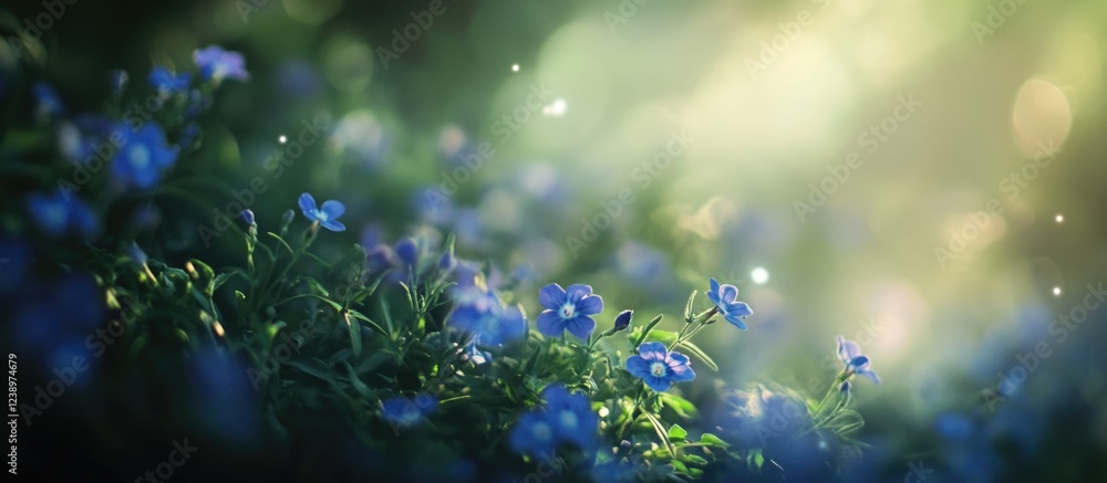 Poster blue wildflowers blooming in a soft illuminated garden with a dreamy bokeh background and natural li