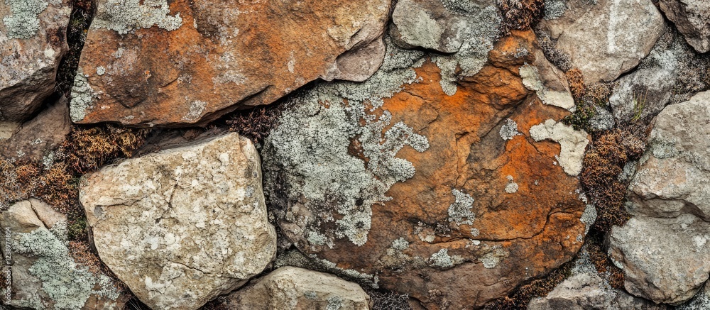 Poster textured background of weathered rocks and stones with moss and lichen patterns, suitable for natura