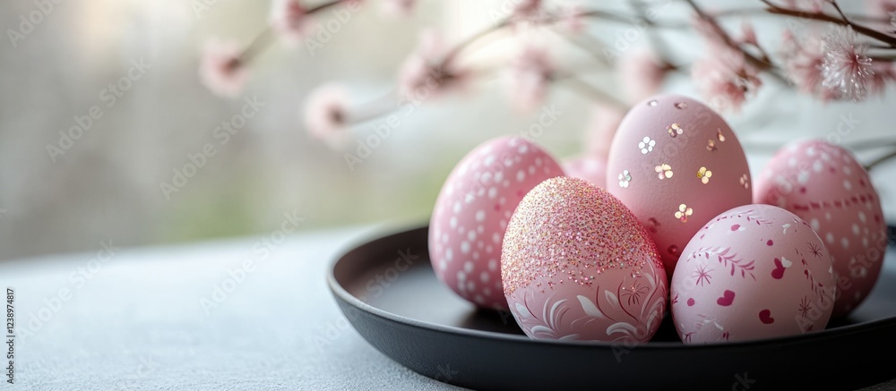 Poster decorative pink easter eggs arranged on a black plate with cherry blossom branches in the background