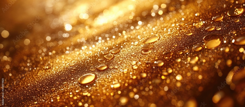 Aufkleber Golden surface with water droplets glistening in soft light creating a textured background with Copy Space