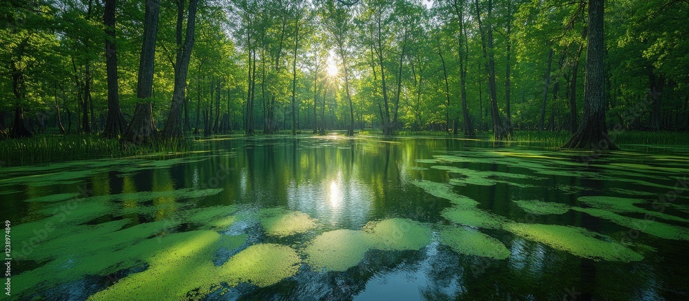 Poster Lush green swamp landscape with reflective water and floating lily pads during golden hour light with surrounding trees and serene atmosphere Copy Space