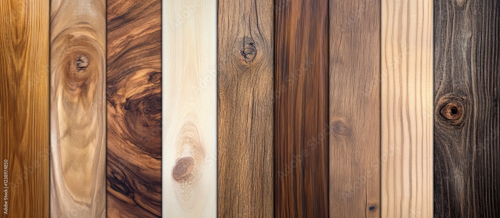 Poster Collection of various textured wooden planks displaying different colors and grain patterns ideal for backgrounds and designs Copy Space