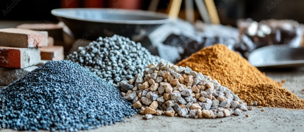 Poster assorted construction materials including gravel, sand, and colored aggregates arranged on a surface